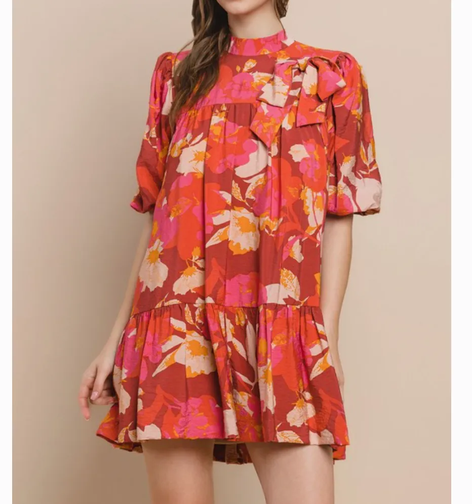 Falling in Florals Mock Neck Bow Detail Dress