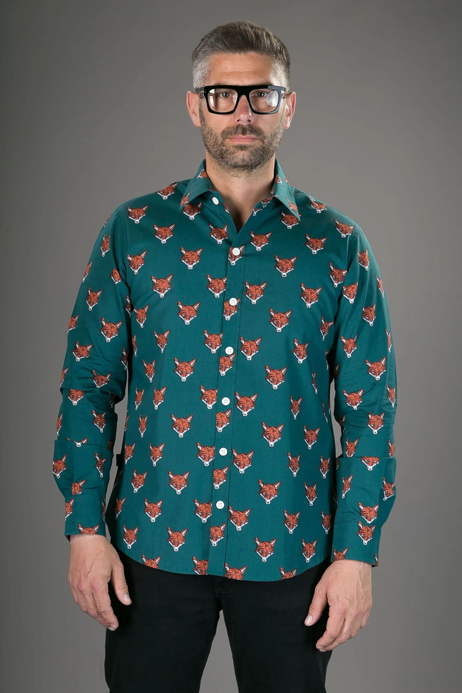 Fox Print Green Cotton Slim-Fit Long-Sleeve Mens Shirt