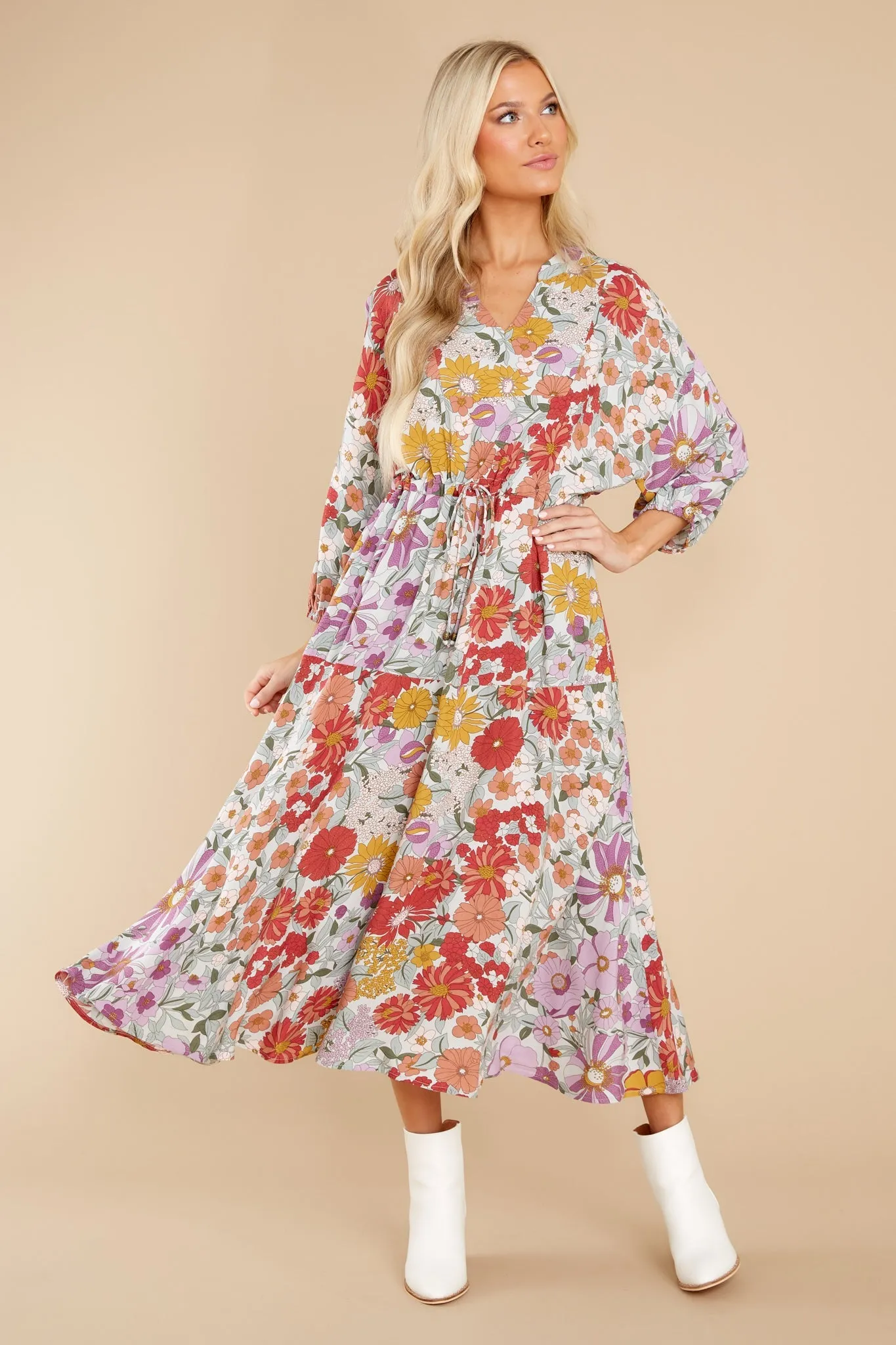 From Gloom To Bloom Red Multi Floral Print Midi Dress