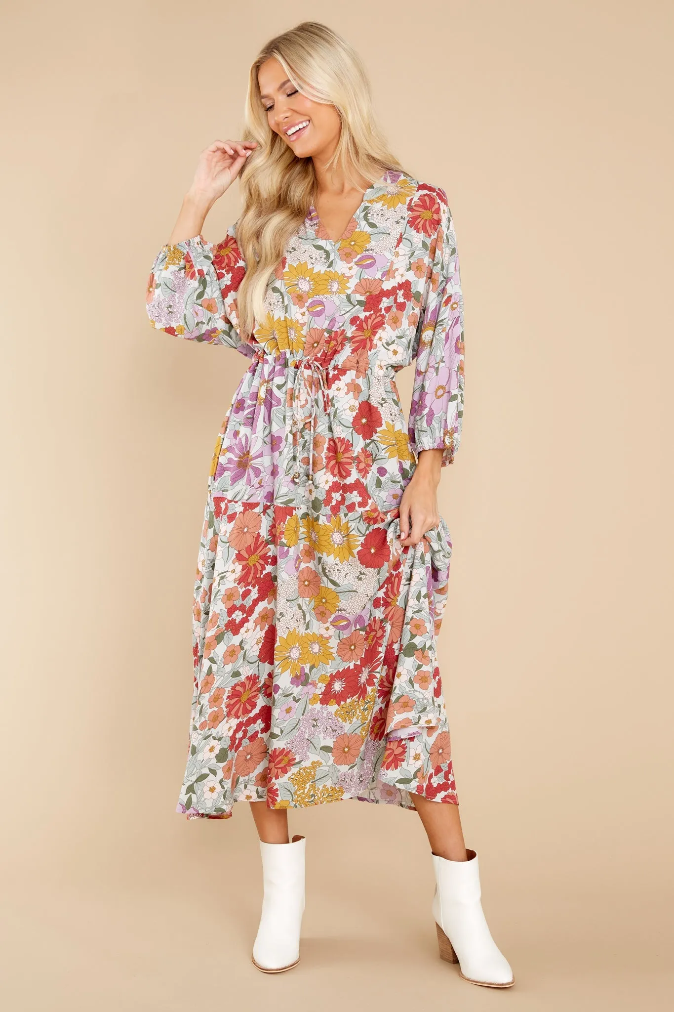 From Gloom To Bloom Red Multi Floral Print Midi Dress