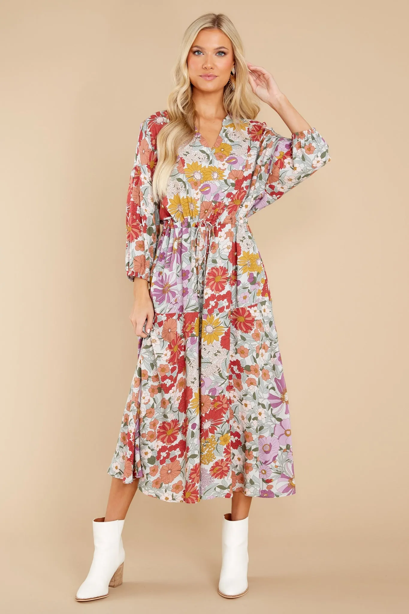 From Gloom To Bloom Red Multi Floral Print Midi Dress