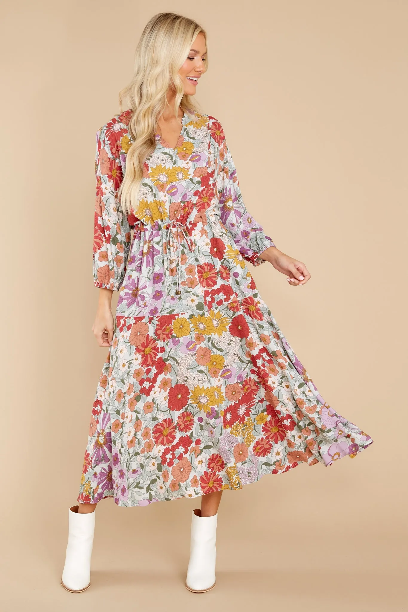 From Gloom To Bloom Red Multi Floral Print Midi Dress