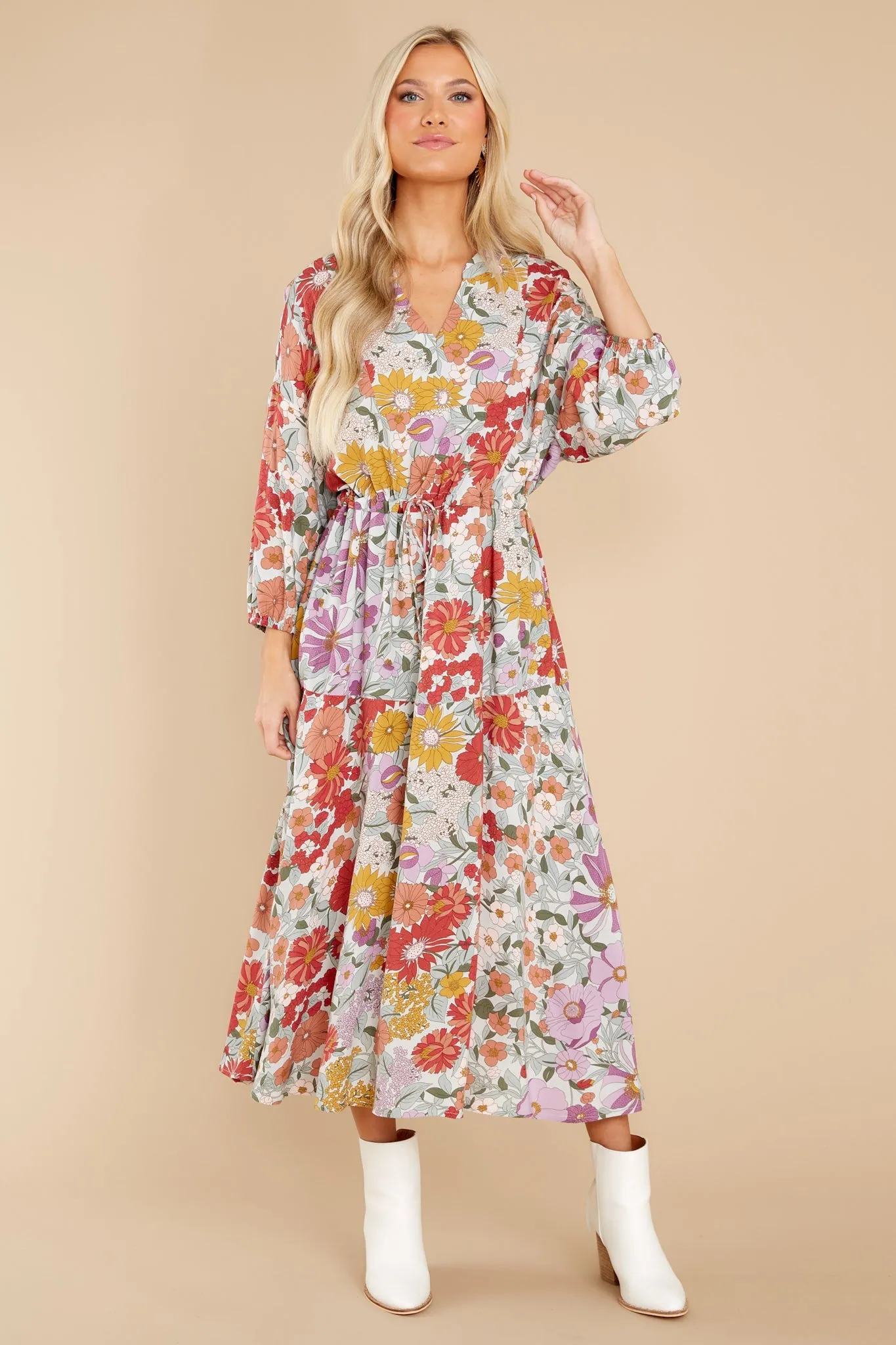 From Gloom To Bloom Red Multi Floral Print Midi Dress