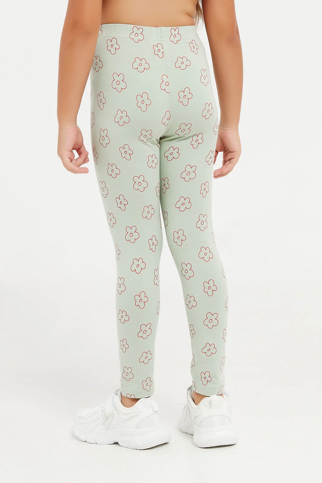 Girls Green Printed Leggings