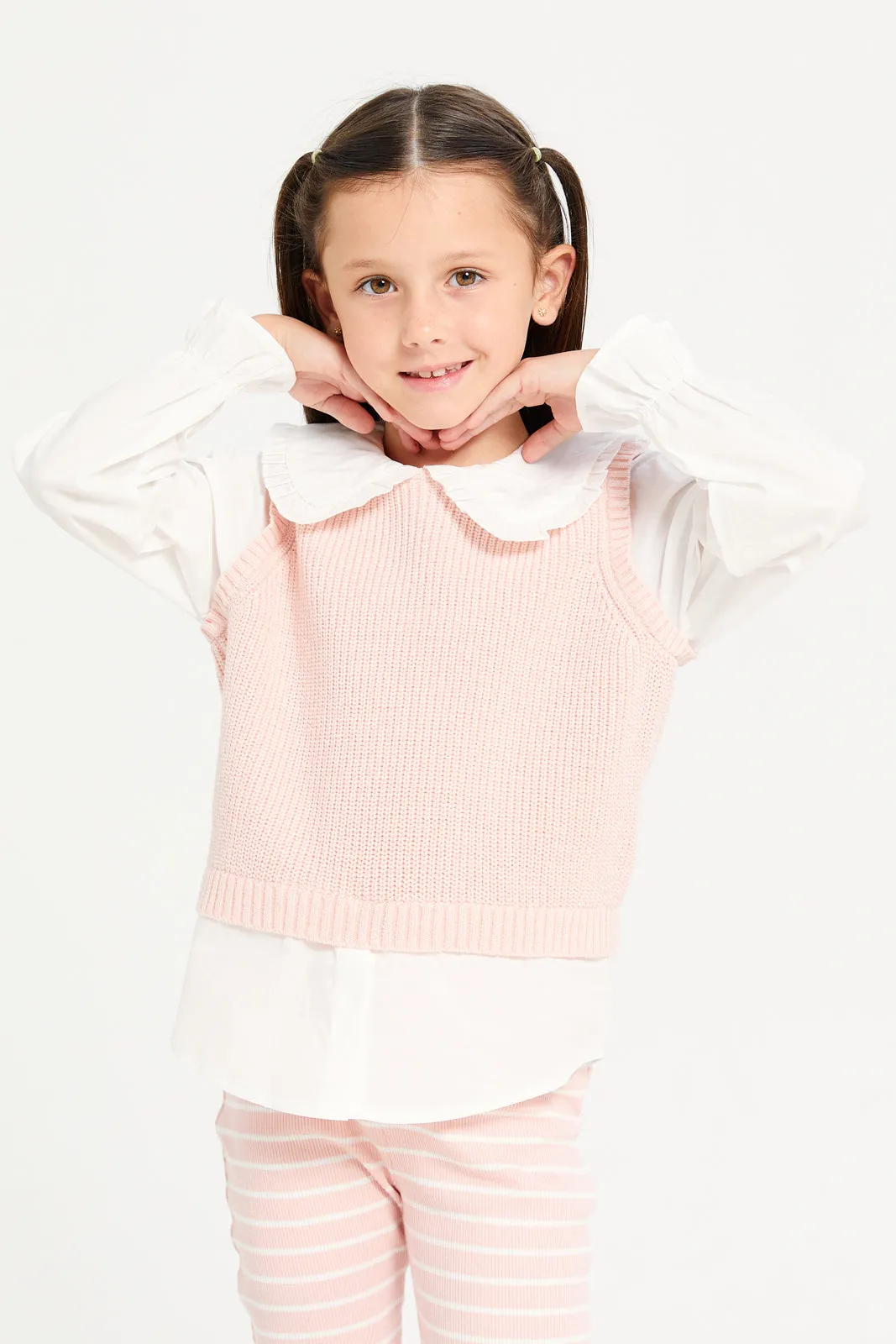 Girls Pink And White Pullover With Shirt