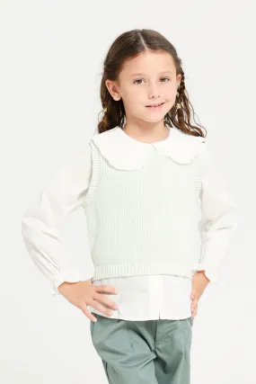 Girls White Pullover With Woven Mock Shirt