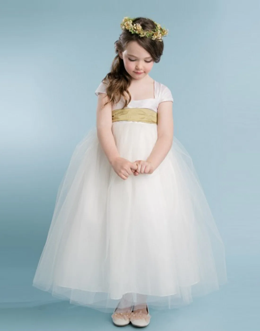 Glistening Satin Bodice and Tulle Overlay Skirt Dress With Pearl Belt - Ivory