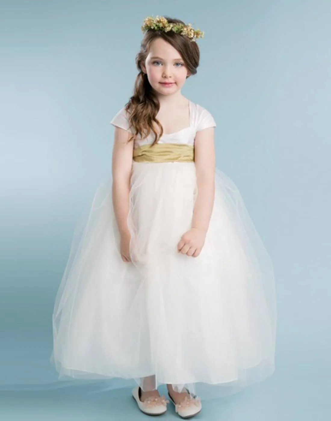 Glistening Satin Bodice and Tulle Overlay Skirt Dress With Pearl Belt - Ivory