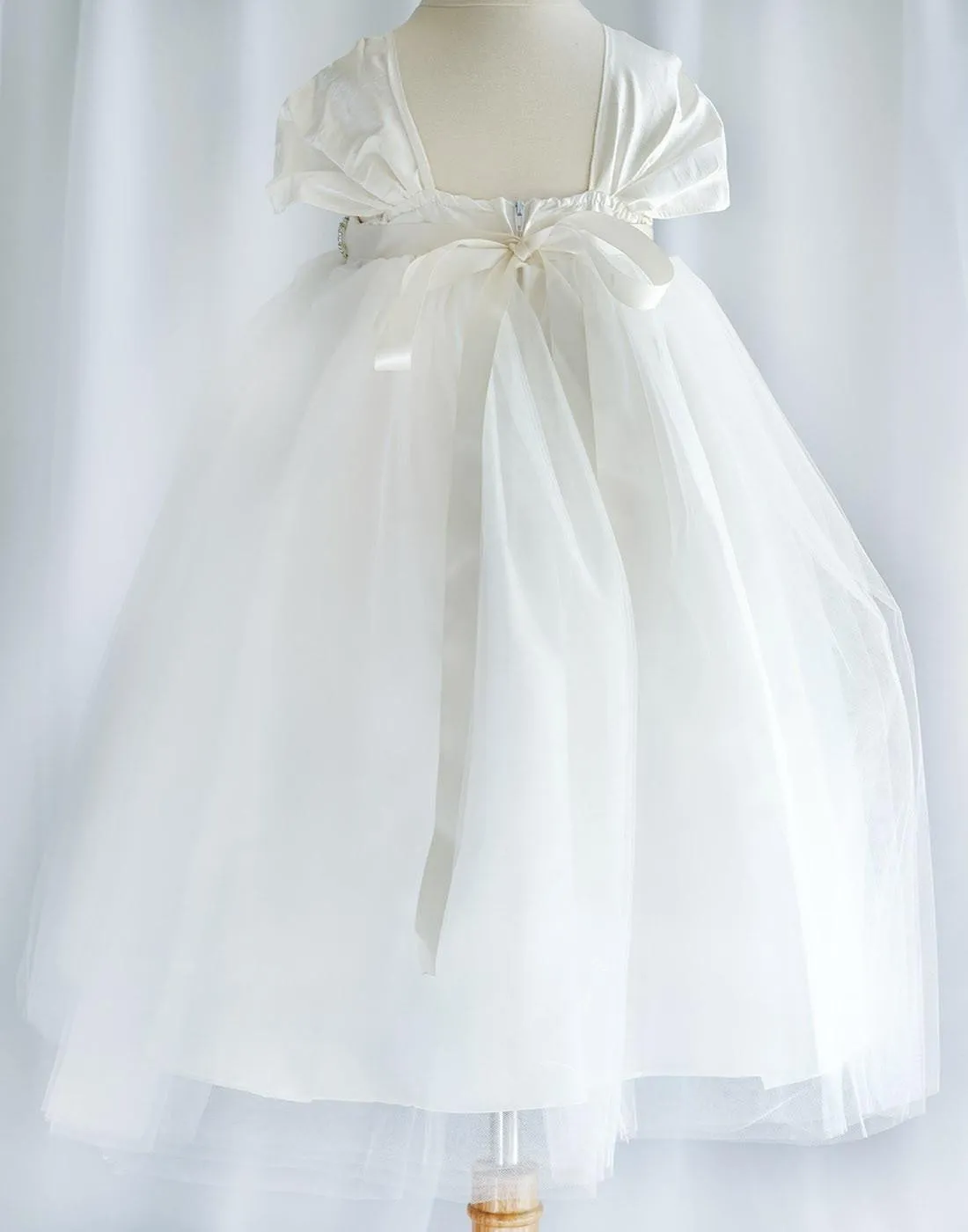 Glistening Satin Bodice and Tulle Overlay Skirt Dress With Pearl Belt - Ivory