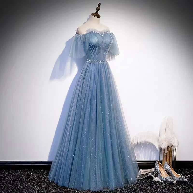 Glitter Fairytale Tulle Dusty Blue Prom Dress