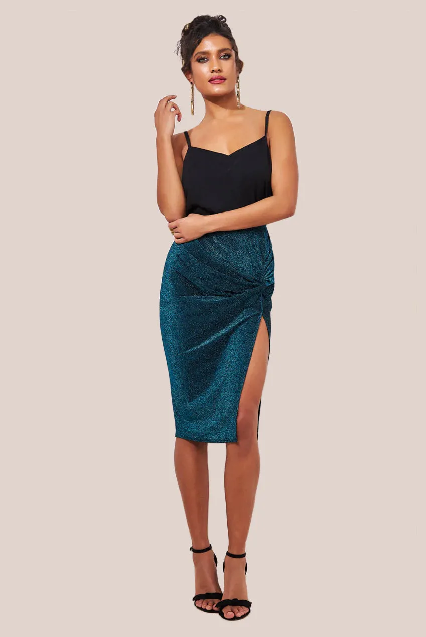 Goddiva Knot Front Thigh Split Midi Skirt - Blue