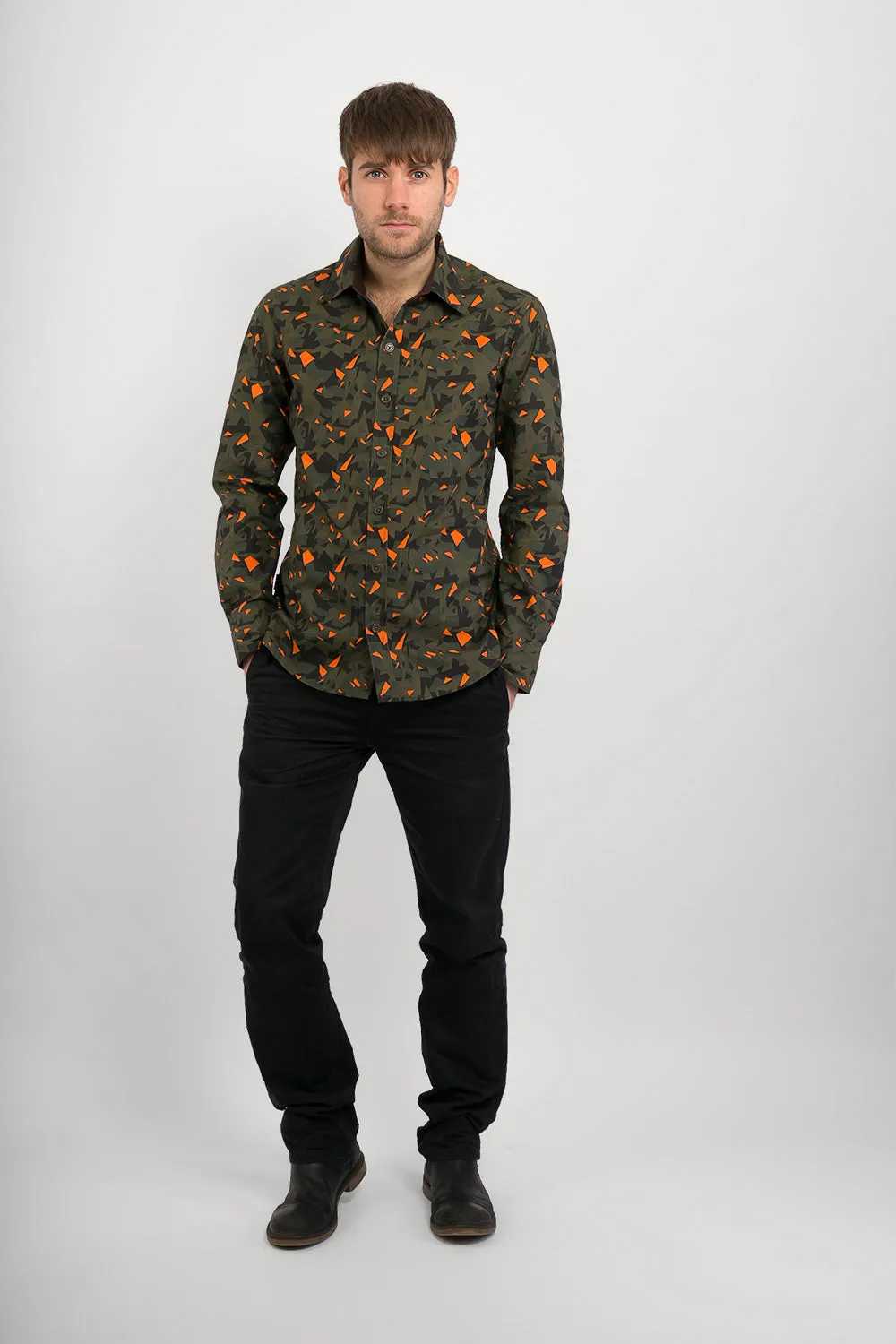 Green Orange Camouflage Military Print Cotton Mens Shirt