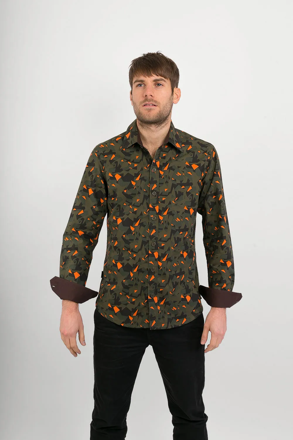 Green Orange Camouflage Military Print Cotton Mens Shirt