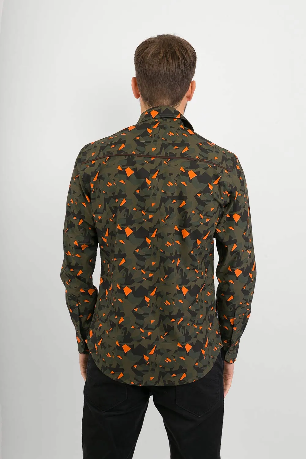 Green Orange Camouflage Military Print Cotton Mens Shirt