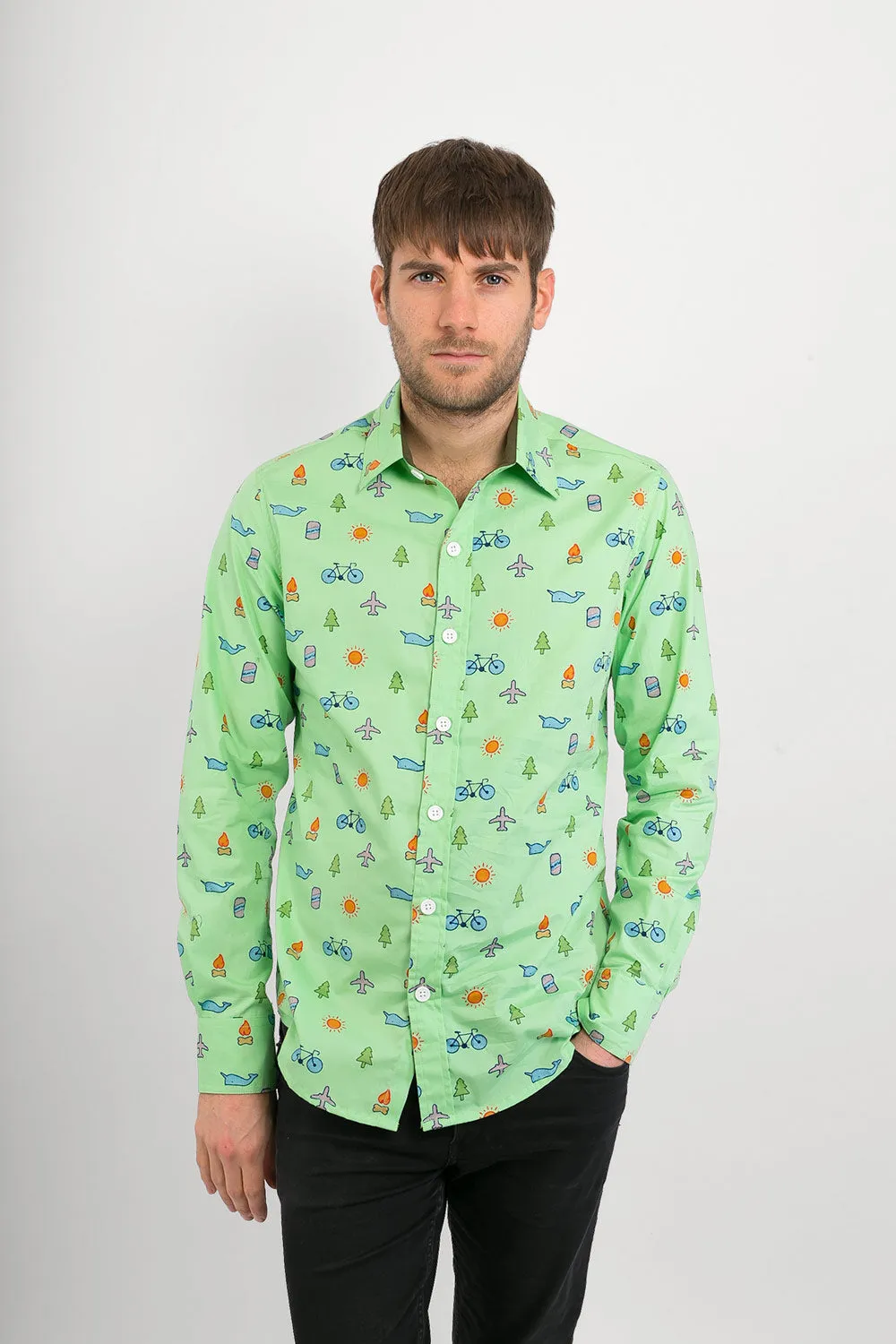 Green Plane Whale Tree Sun Bike Print Cotton Slim Fit Mens Shirt Long Sleeve