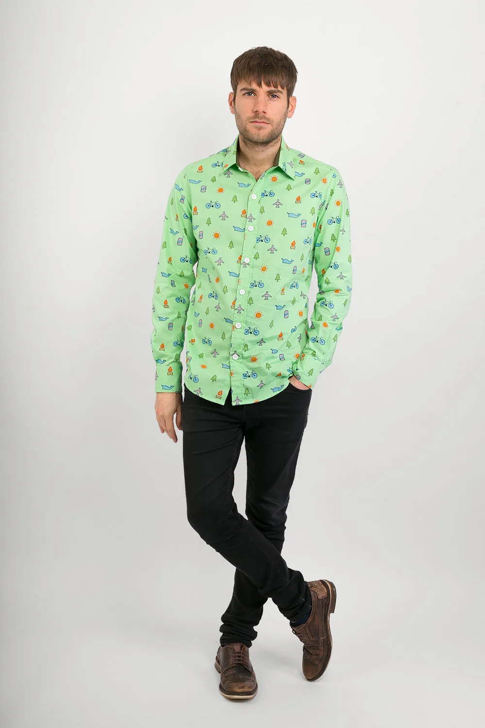 Green Plane Whale Tree Sun Bike Print Cotton Slim Fit Mens Shirt Long Sleeve