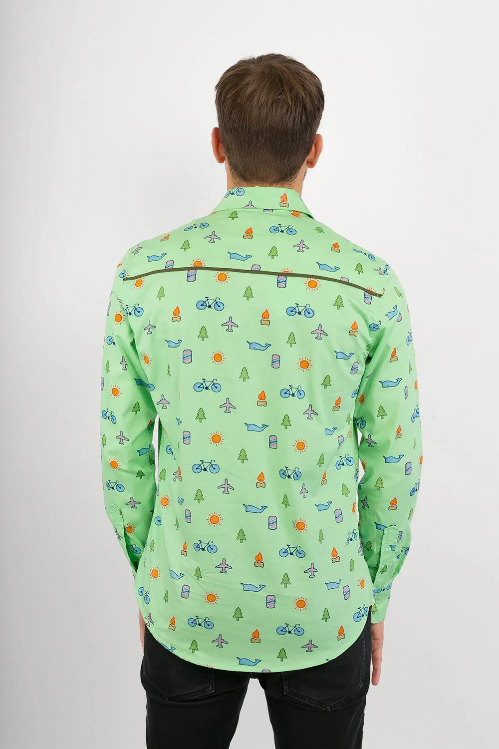 Green Plane Whale Tree Sun Bike Print Cotton Slim Fit Mens Shirt Long Sleeve