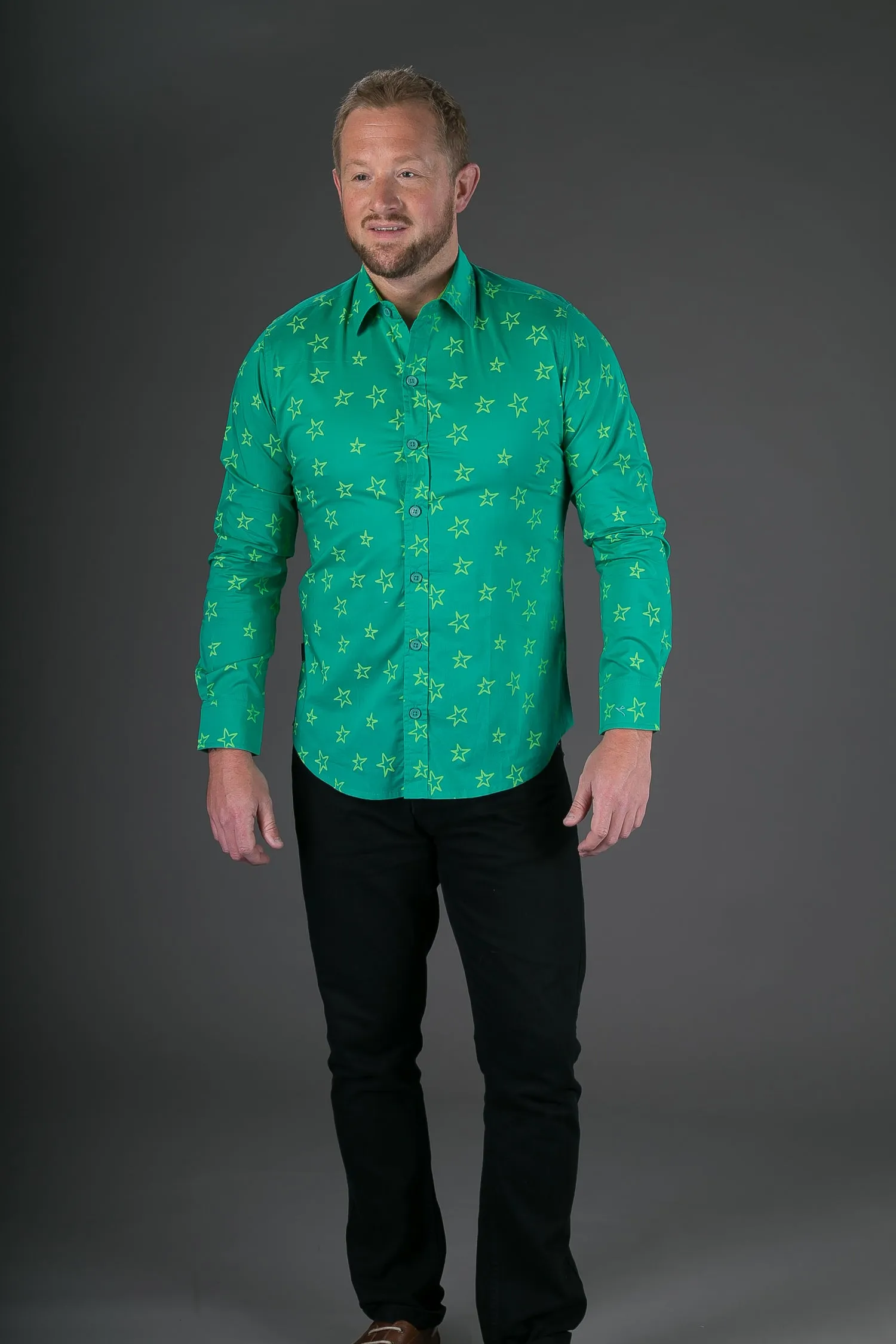 Green Star Print Cotton Slim Fit Mens Shirt Long Sleeve