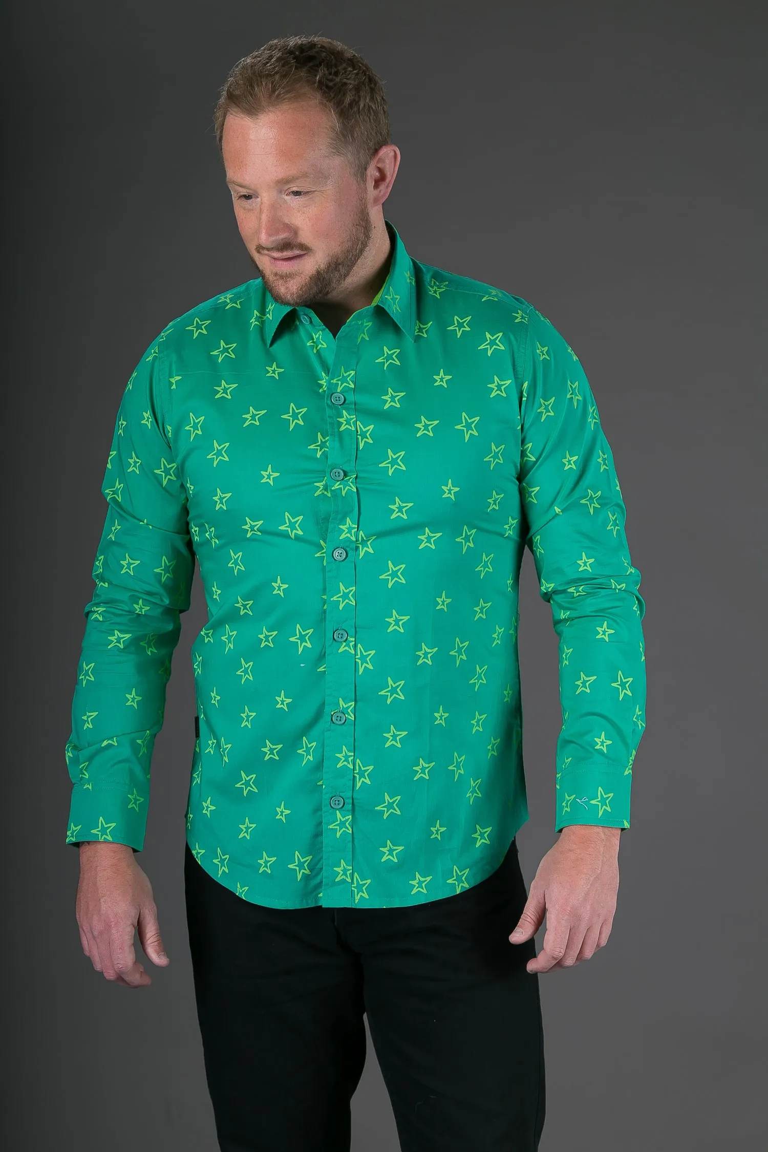 Green Star Print Cotton Slim Fit Mens Shirt Long Sleeve