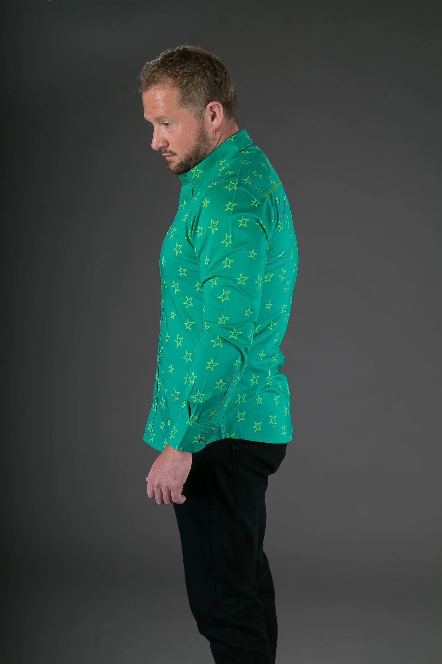 Green Star Print Cotton Slim Fit Mens Shirt Long Sleeve