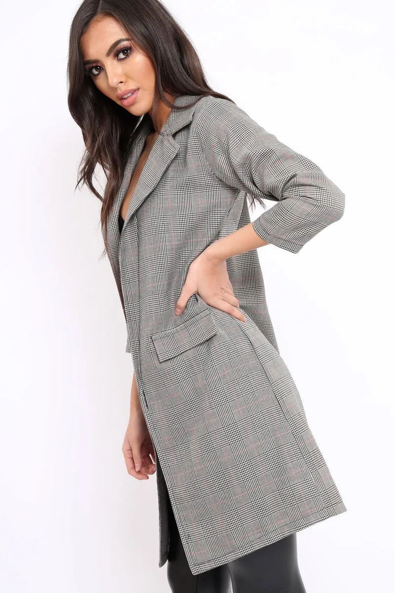 Grey and Red Tartan Long Blazer - Corrine