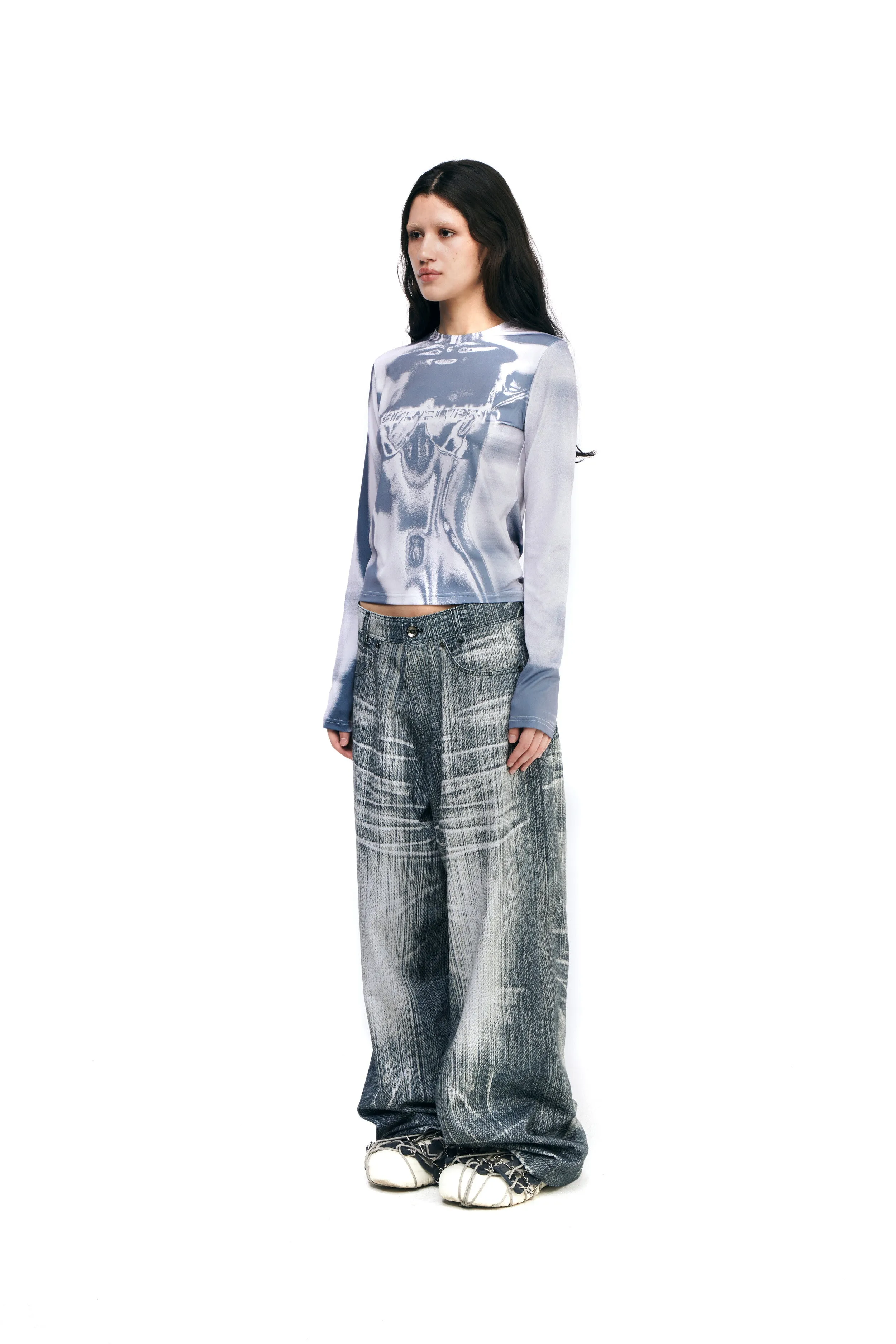 Grey printed wide denim pants