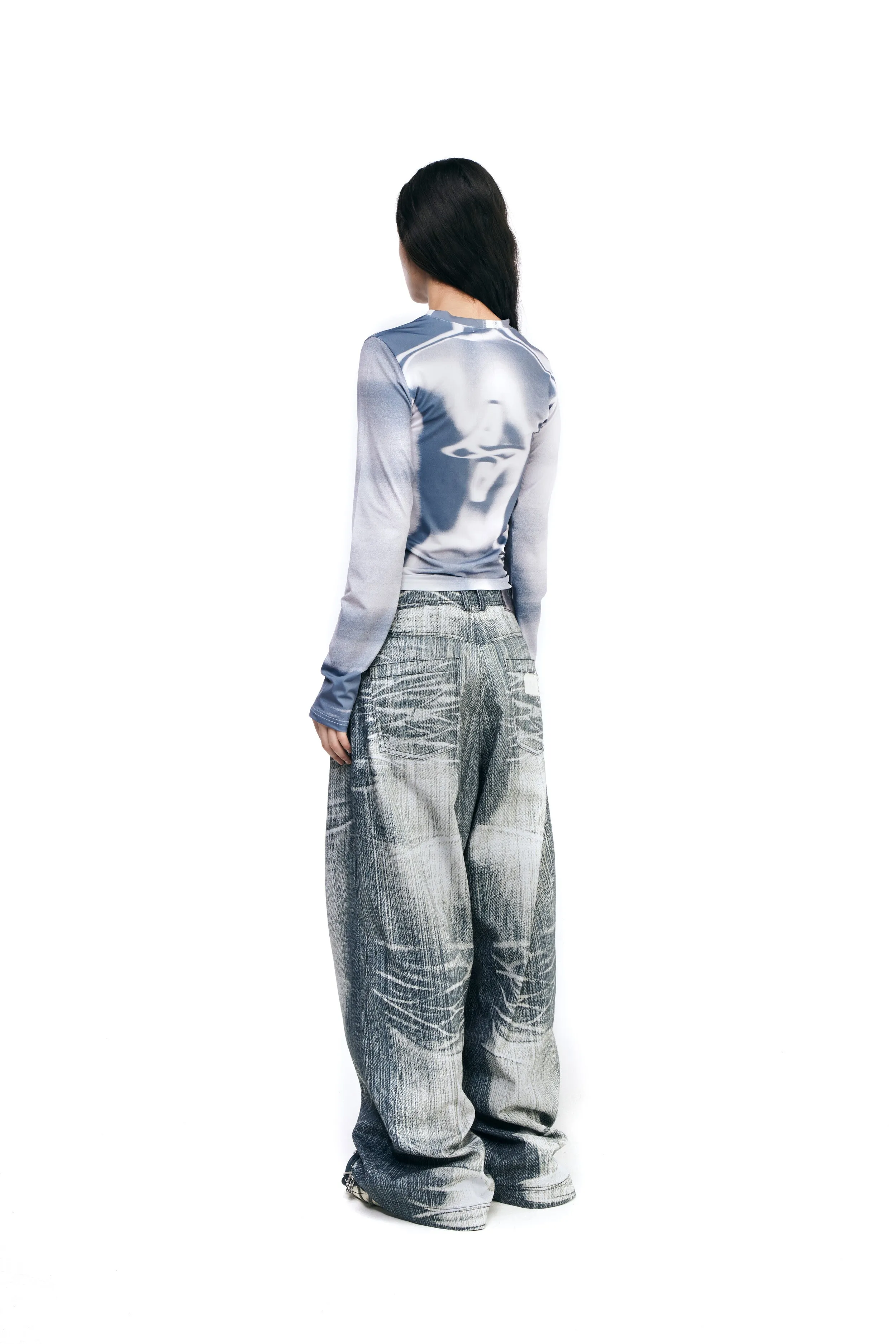 Grey printed wide denim pants