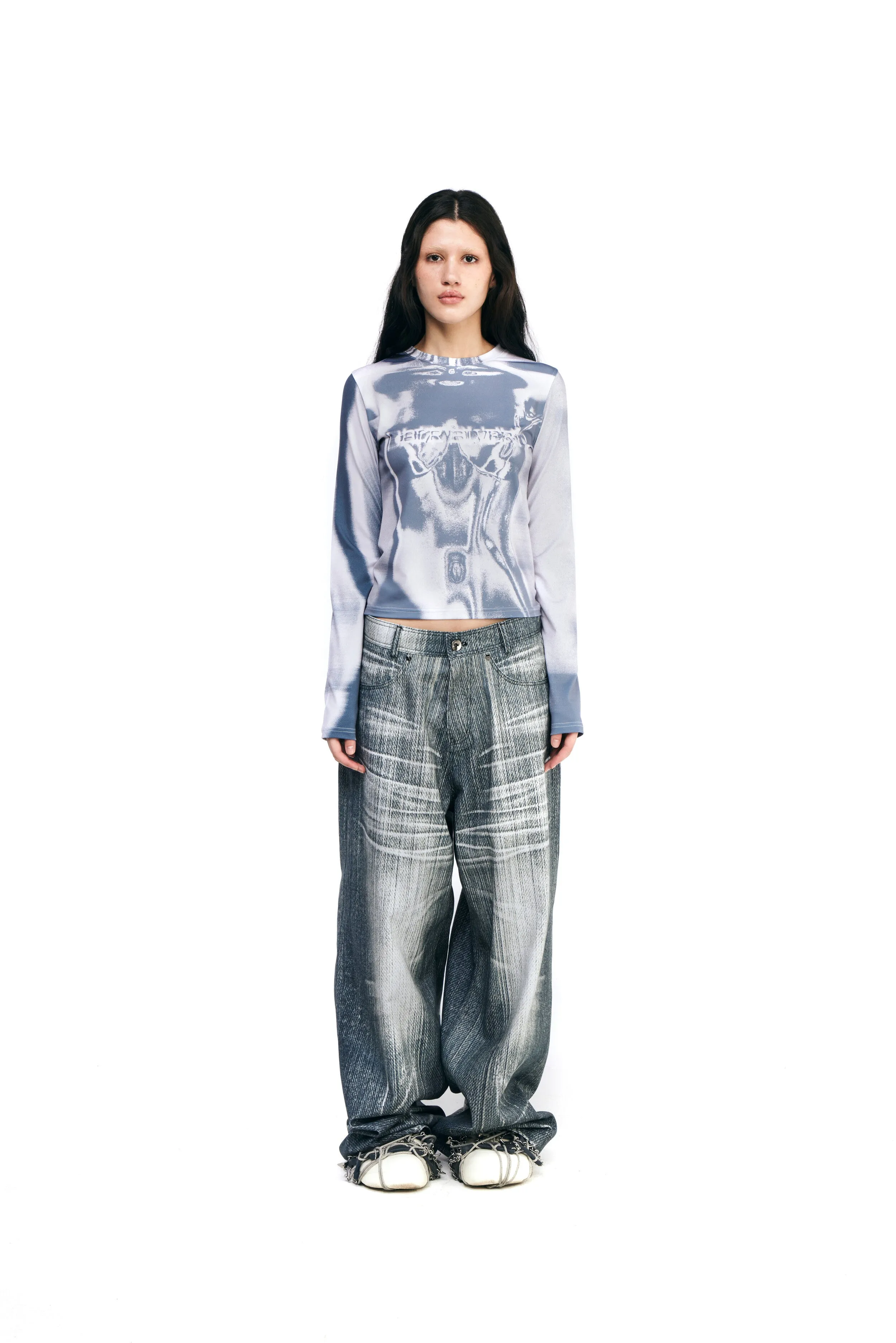 Grey printed wide denim pants