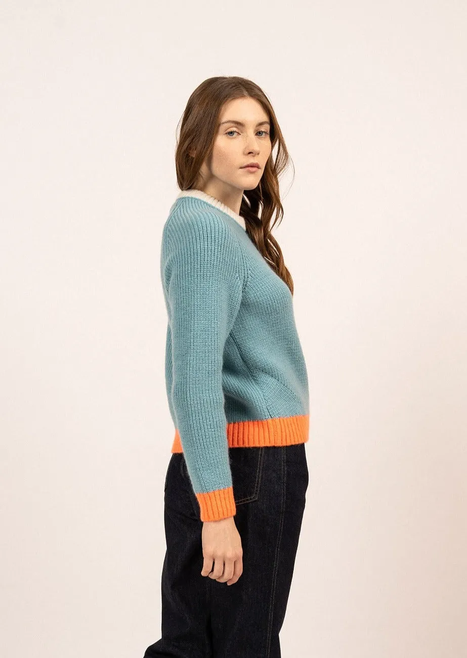 HASPARREN - Color-block Sweater in Mohair Wool Blend (JADE / NEON ORANGE / WINTER WHITE)