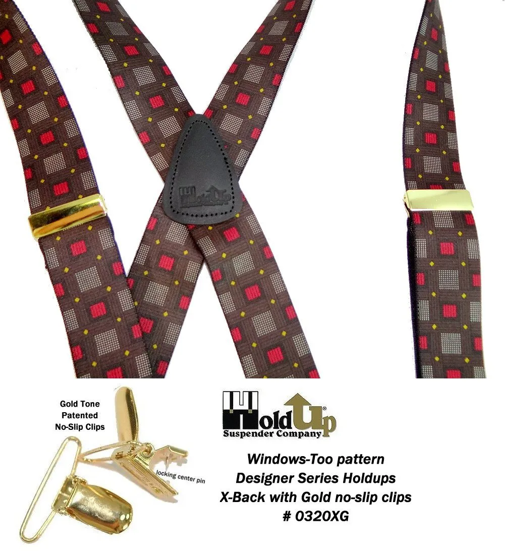 Hold-Ups Windows Too Pattern X-back 1 3/8" wide Susprnders with USA Patented No-slip Gold Clips