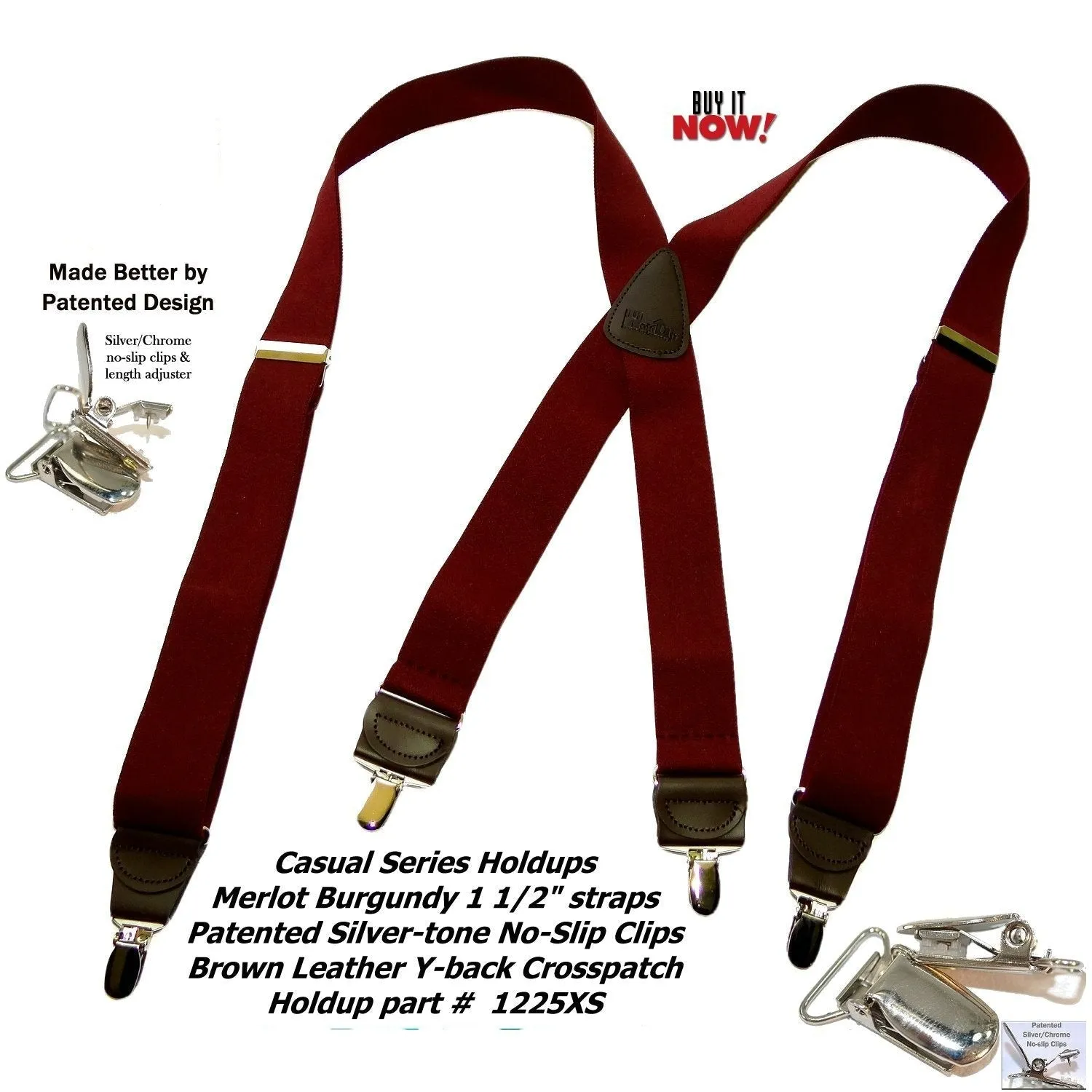 HoldUp Brand Merlot Burgundy 1 1/2" wide suspenders in X-back style with USA Patented No-slip Silver-tone clips