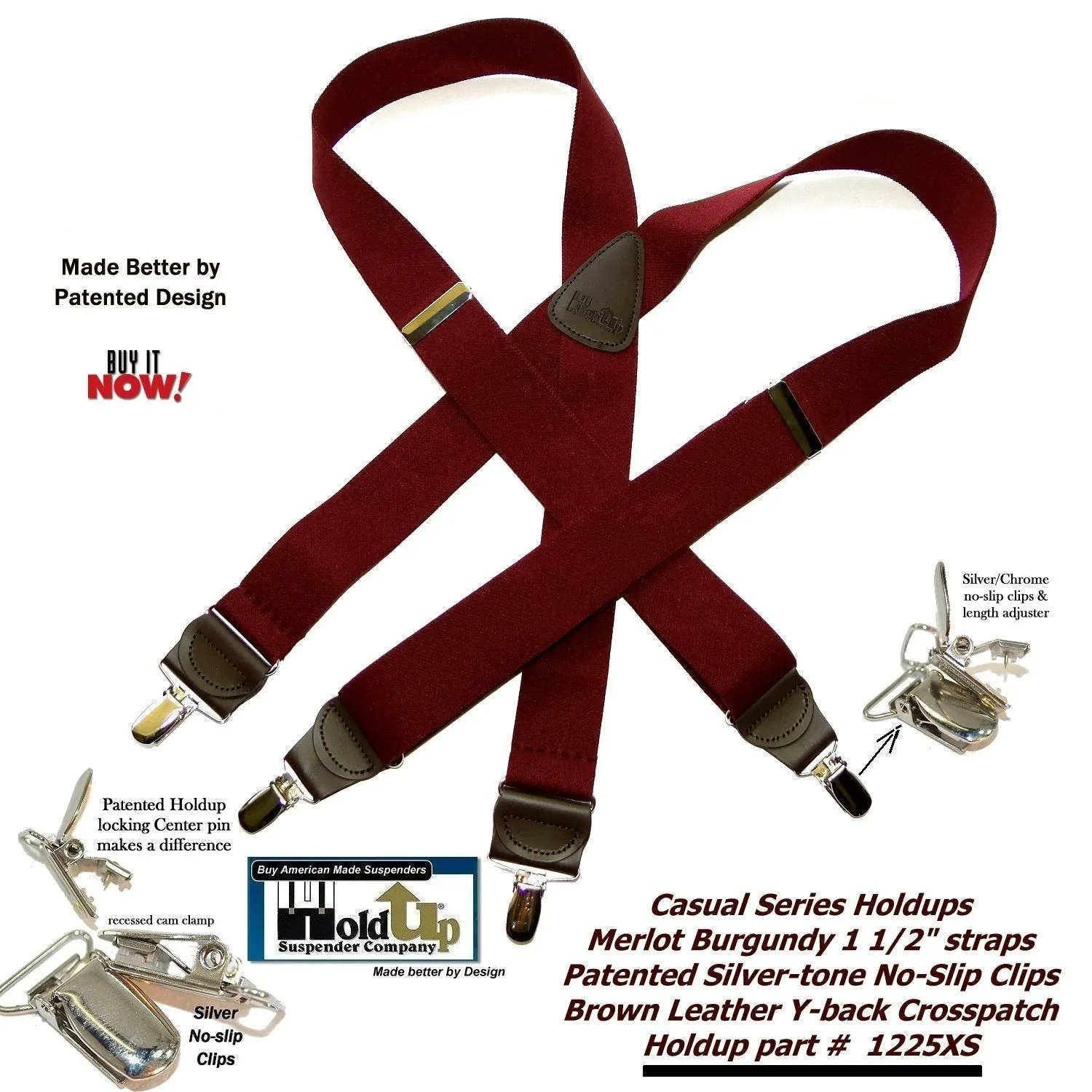 HoldUp Brand Merlot Burgundy 1 1/2" wide suspenders in X-back style with USA Patented No-slip Silver-tone clips