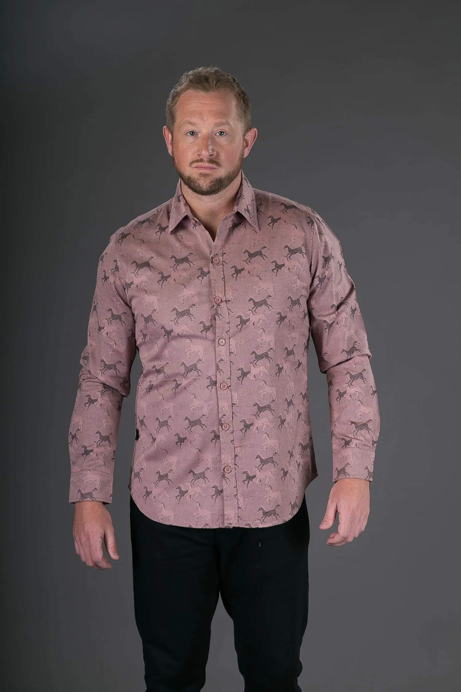 Horse Print Cotton Slim Fit Mens Shirt Long Sleeve