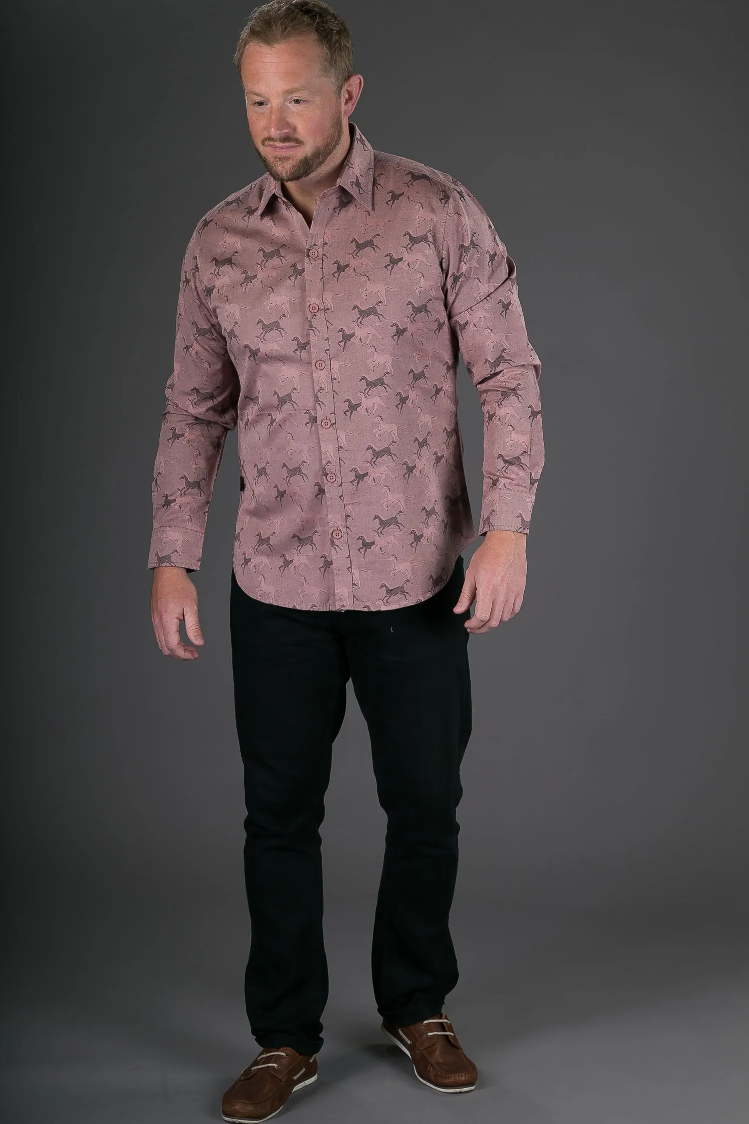 Horse Print Cotton Slim Fit Mens Shirt Long Sleeve