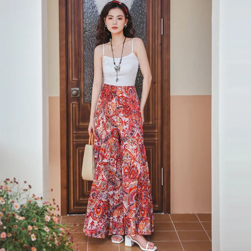 Hot summer high waisted draped ice silk chiffon skirt pants ice silk wide leg pants