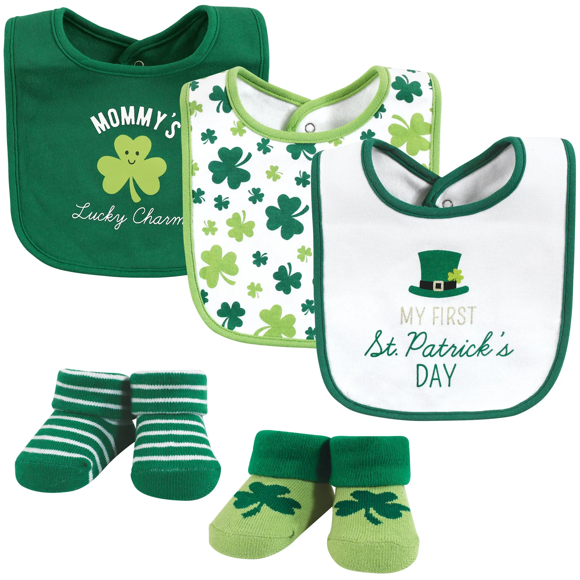 Hudson Baby Cotton Bib and Sock Set, Lucky Charm