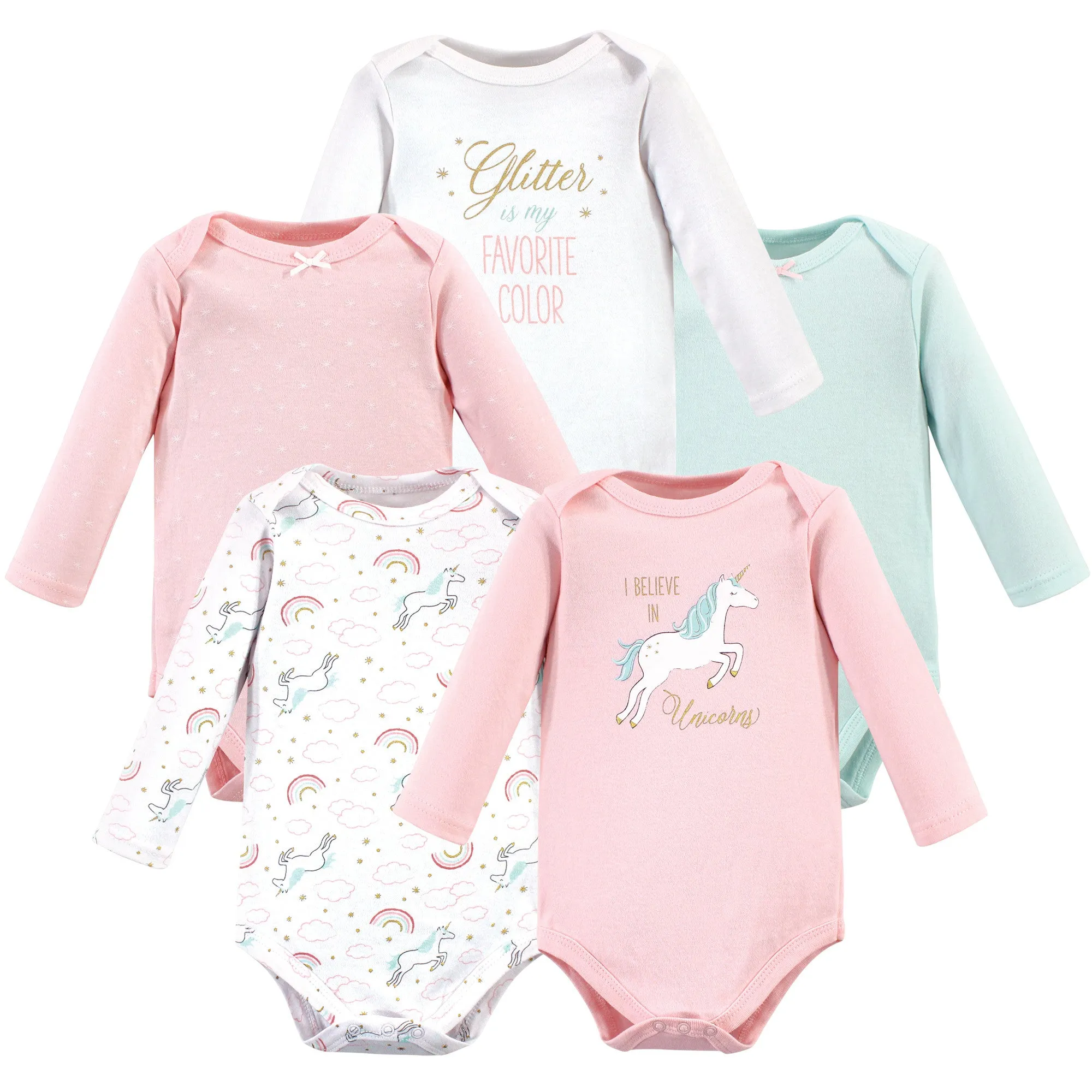 Hudson Baby Cotton Long-Sleeve Bodysuits, Glitter Unicorn