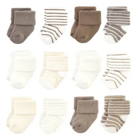 Hudson Baby Cotton Rich Newborn and Terry Socks, Beige Stripe 12 Pack