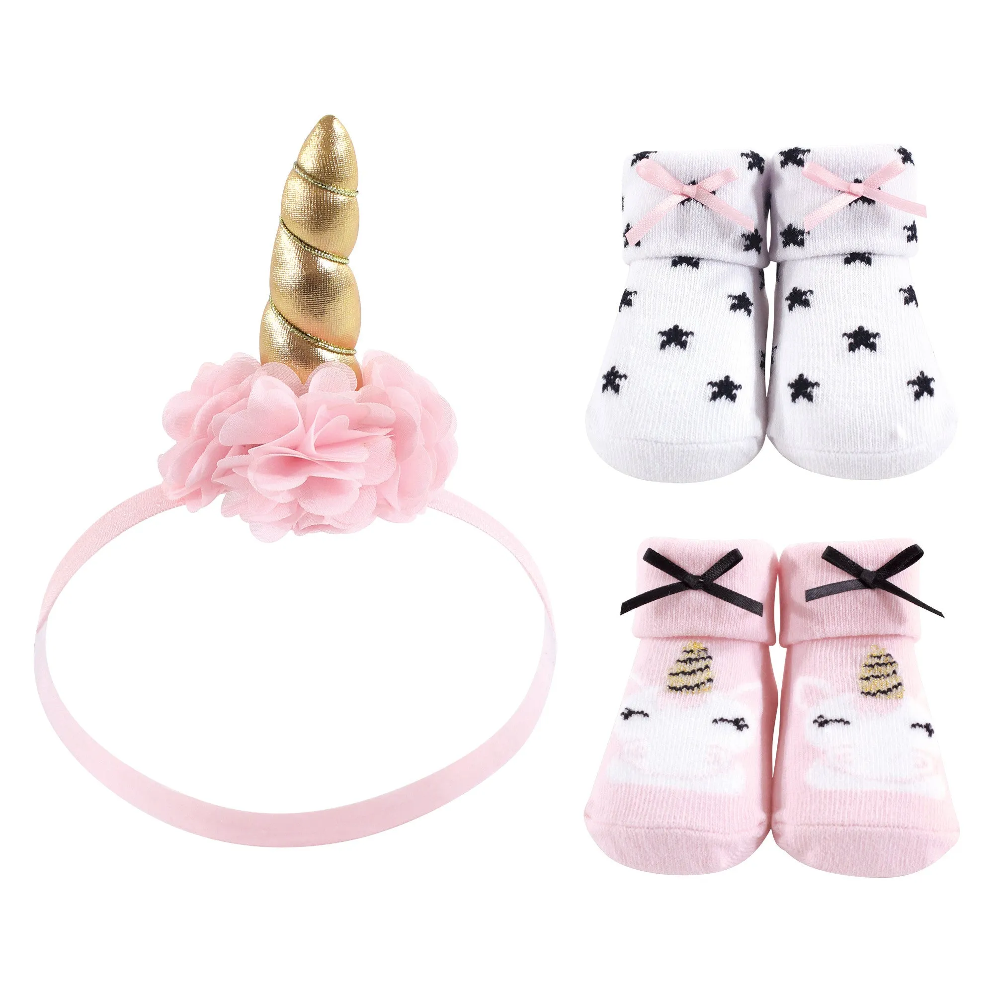 Hudson Baby Headband and Socks Giftset, Gold Unicorn