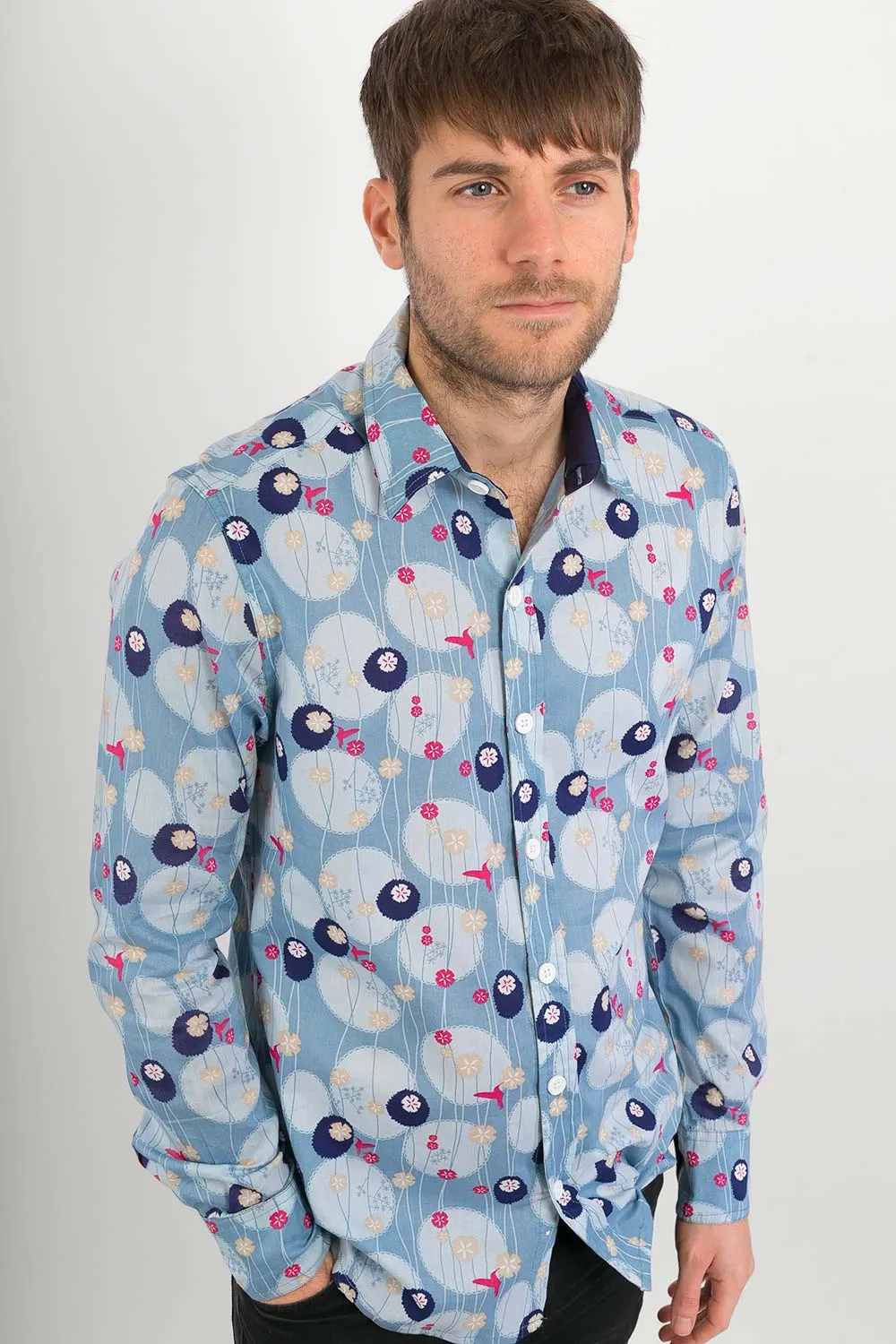 Hummingbirds Print Cotton Slim Fit Mens Shirt Long Sleeve