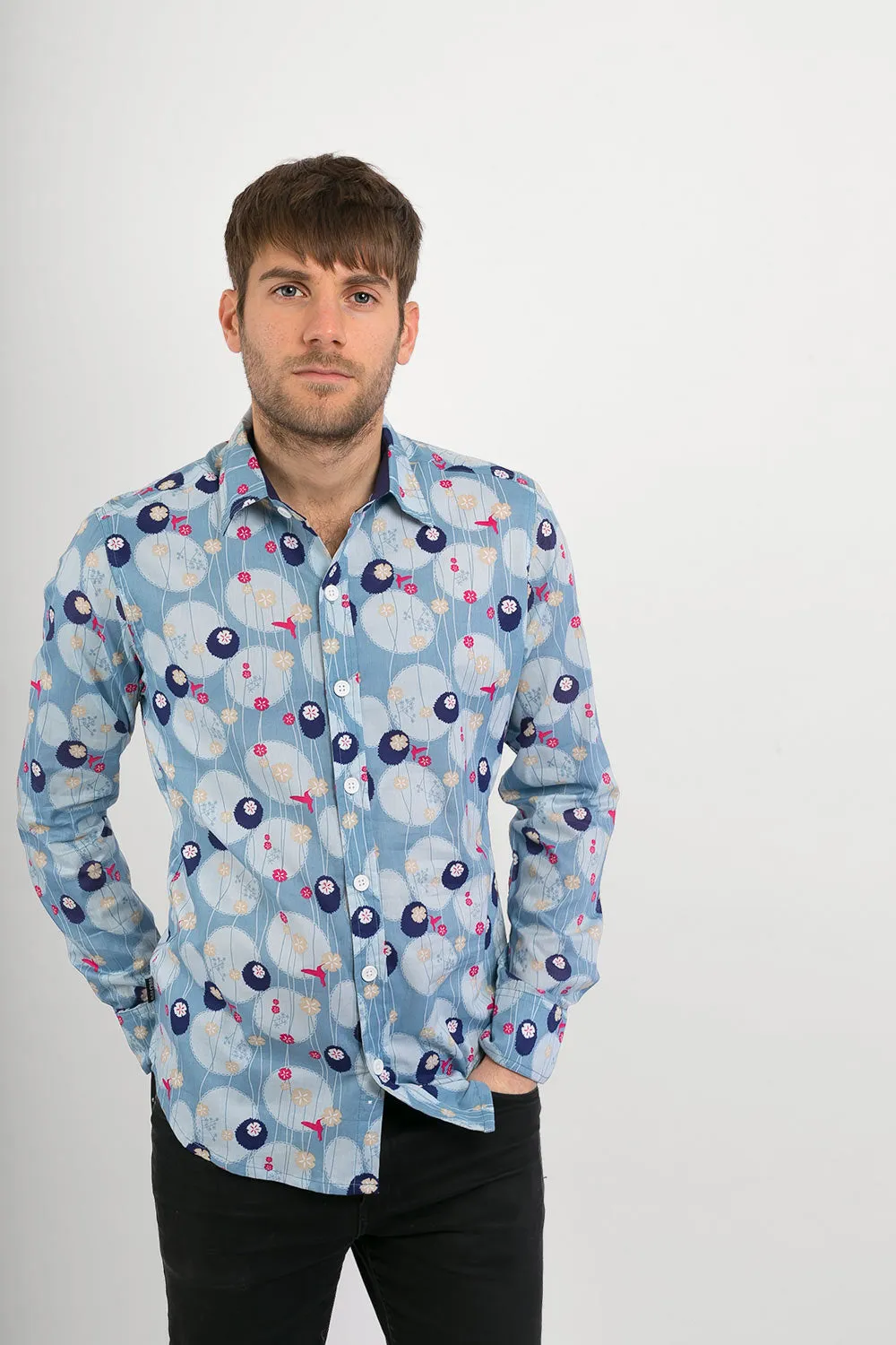 Hummingbirds Print Cotton Slim Fit Mens Shirt Long Sleeve