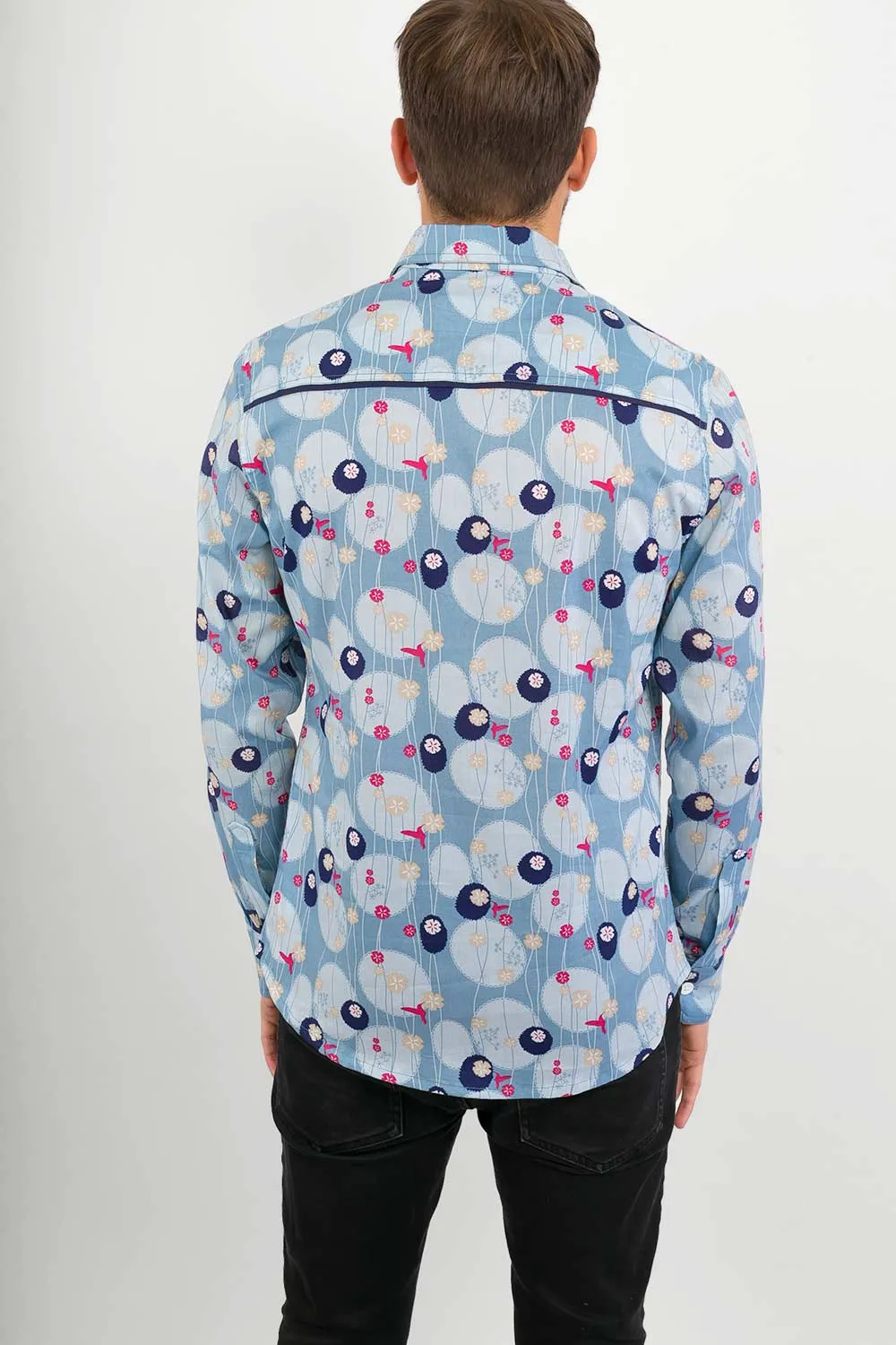 Hummingbirds Print Cotton Slim Fit Mens Shirt Long Sleeve