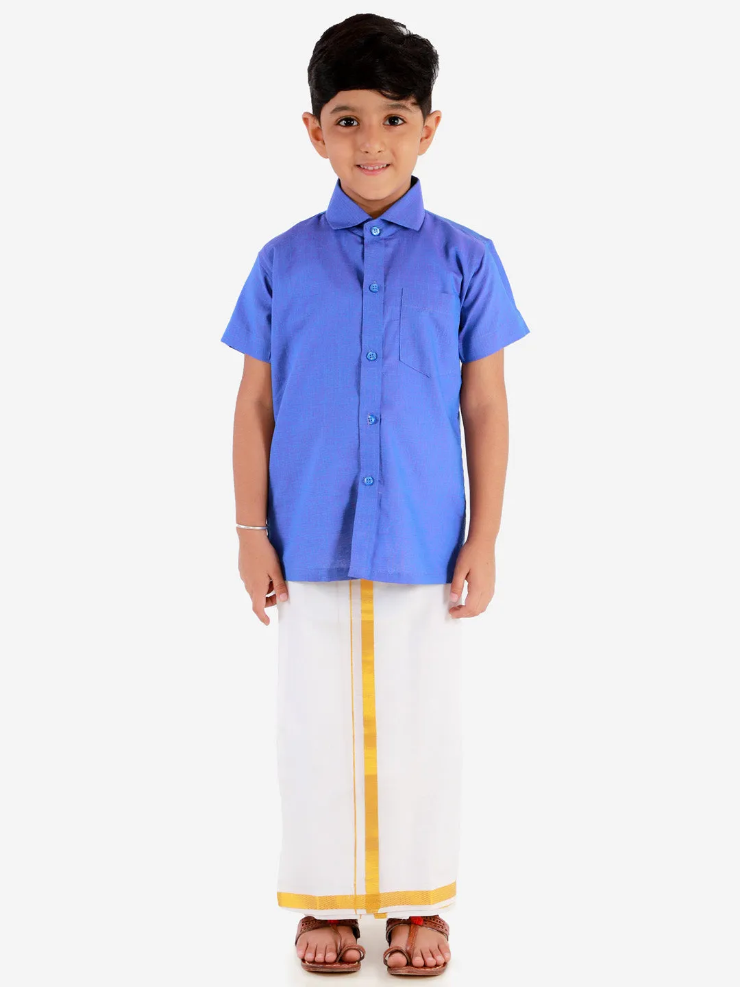 Jashvi Blue and White Cotton Blend Baap Beta Ethnic Shirt And Mundu Set