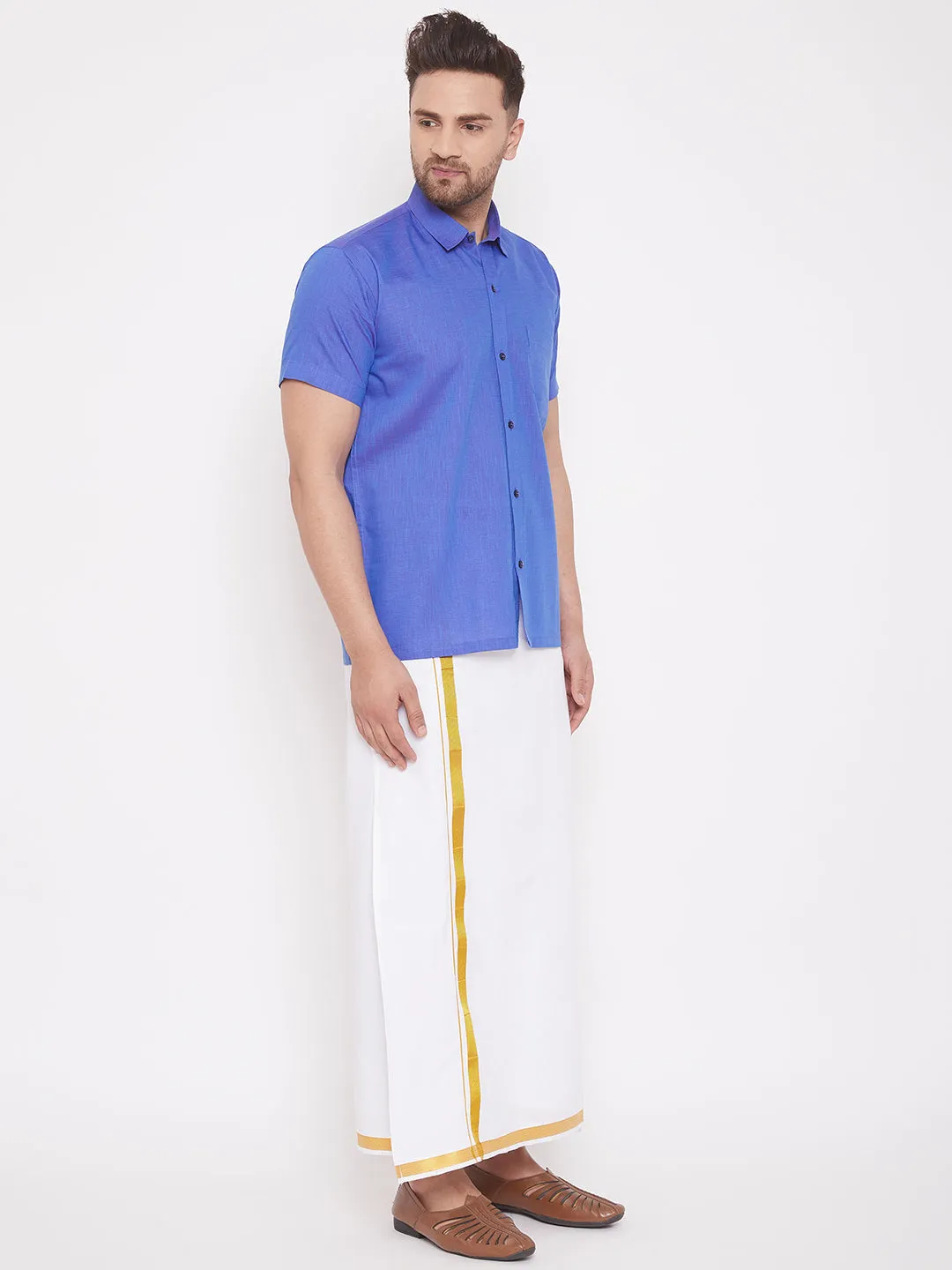 Jashvi Blue and White Cotton Blend Baap Beta Ethnic Shirt And Mundu Set