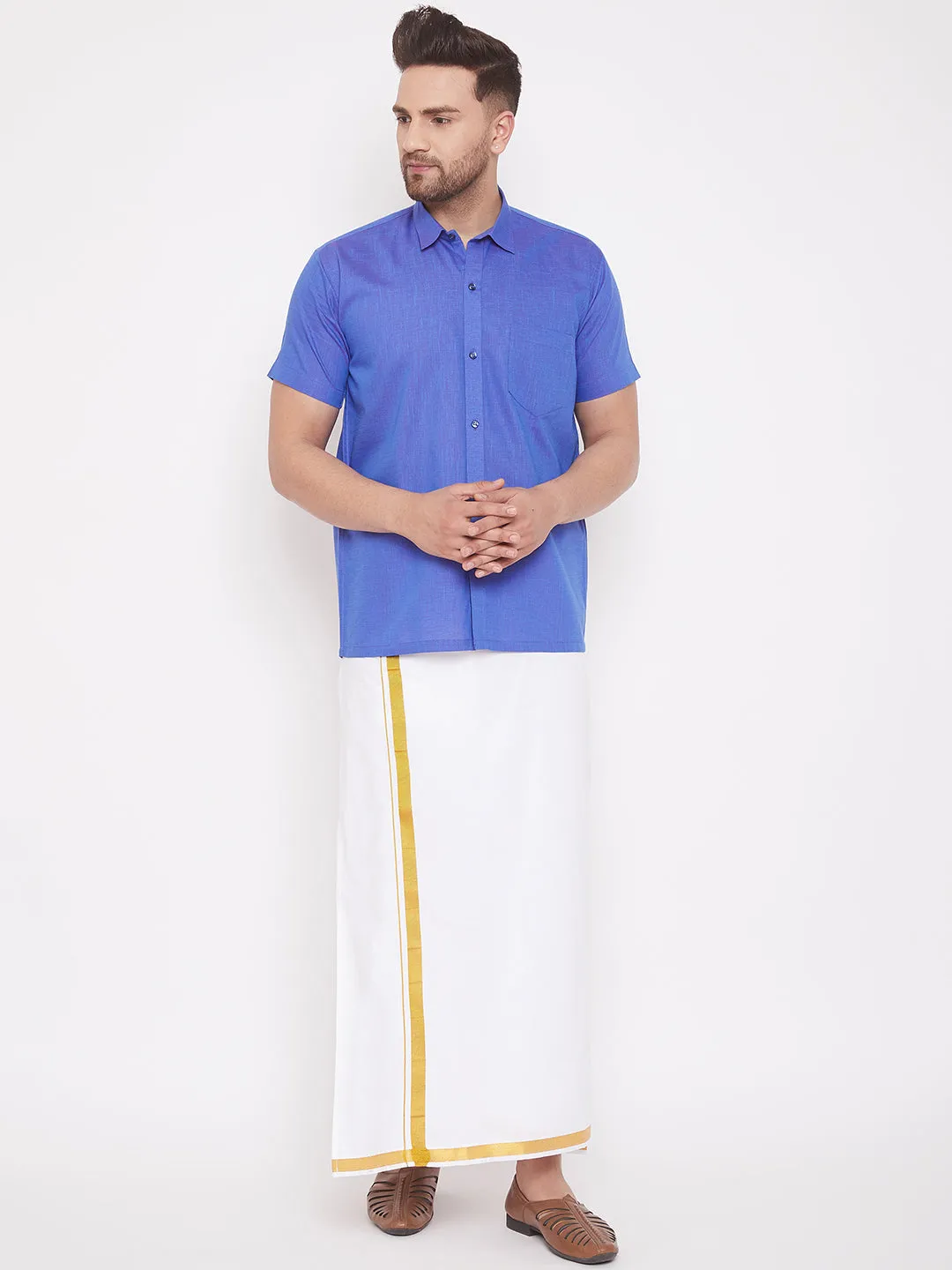 Jashvi Blue and White Cotton Blend Baap Beta Ethnic Shirt And Mundu Set