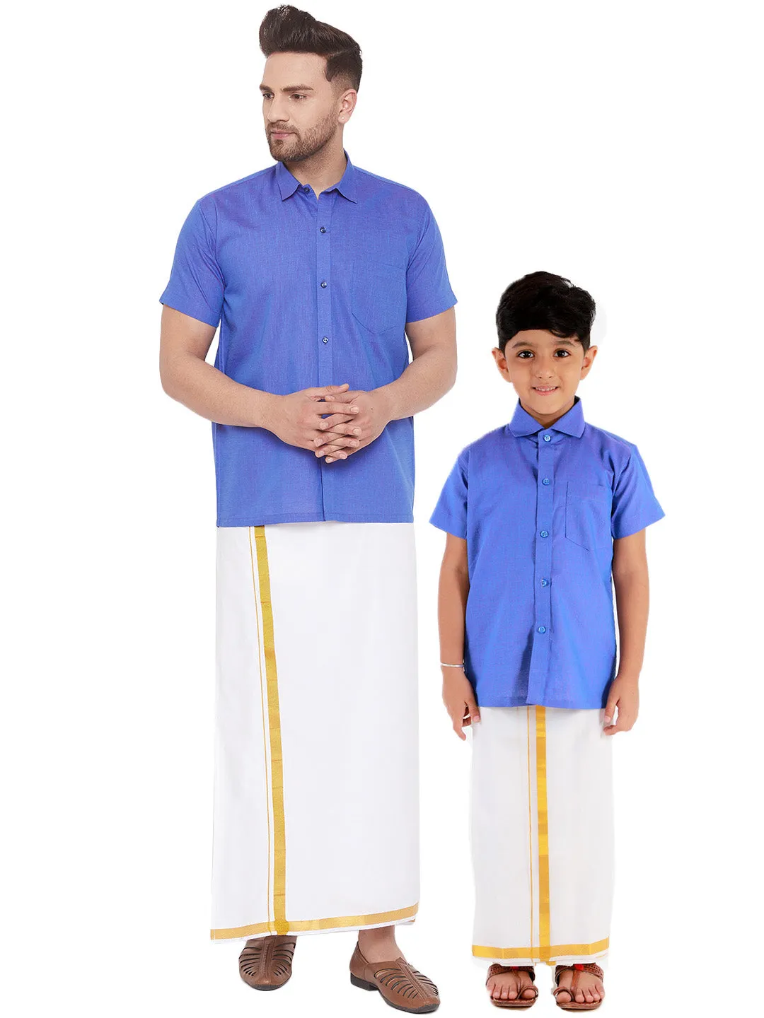 Jashvi Blue and White Cotton Blend Baap Beta Ethnic Shirt And Mundu Set