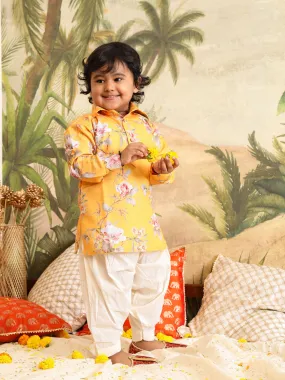 Jashvi Boy's Yellow Floral Printed Kurta Patiala Set