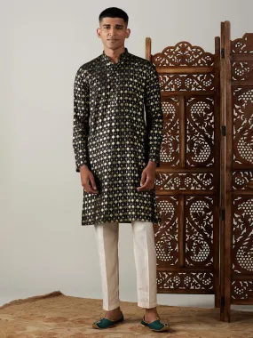 Jashvi Men's Black Foil Printed Kurta With Cream Pant Style Pyjama Set