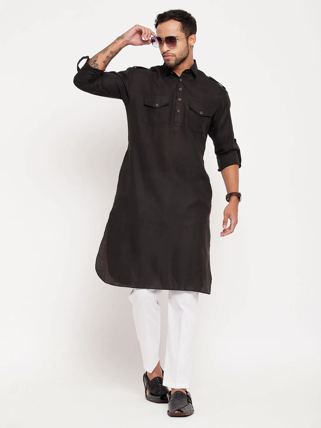 Jashvi Men's Black Pathani Suit With White Pant Set