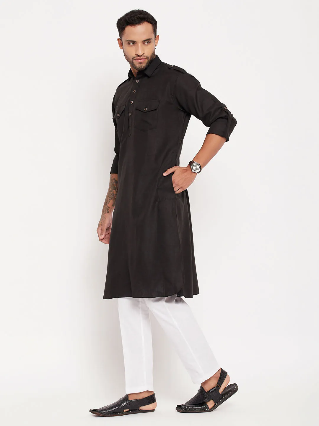 Jashvi Men's Black Pathani Suit With White Pant Set